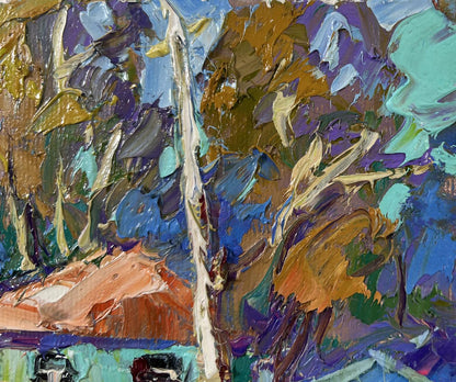 Vibrant oil painting The herd returns by Oleksiy Ivanyuk with stylized tree