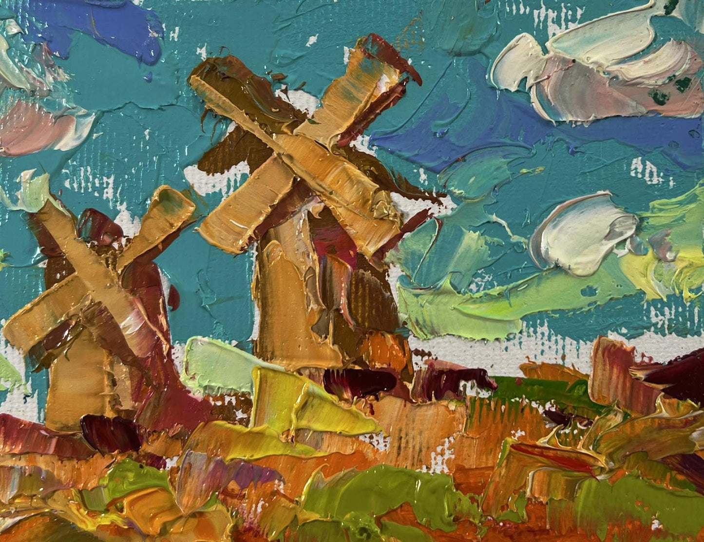 Oil painting Mills outside the village by Oleksiy Ivanyuk, textured windmills