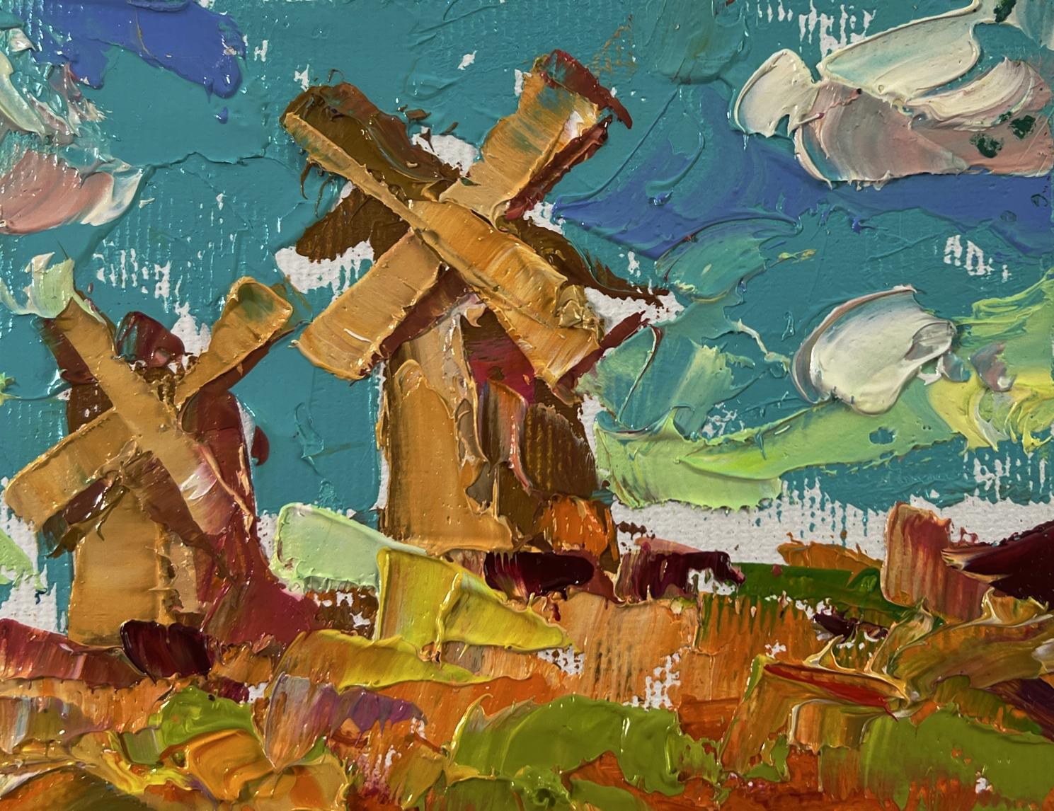 Oil painting Mills outside the village by Oleksiy Ivanyuk, textured windmills