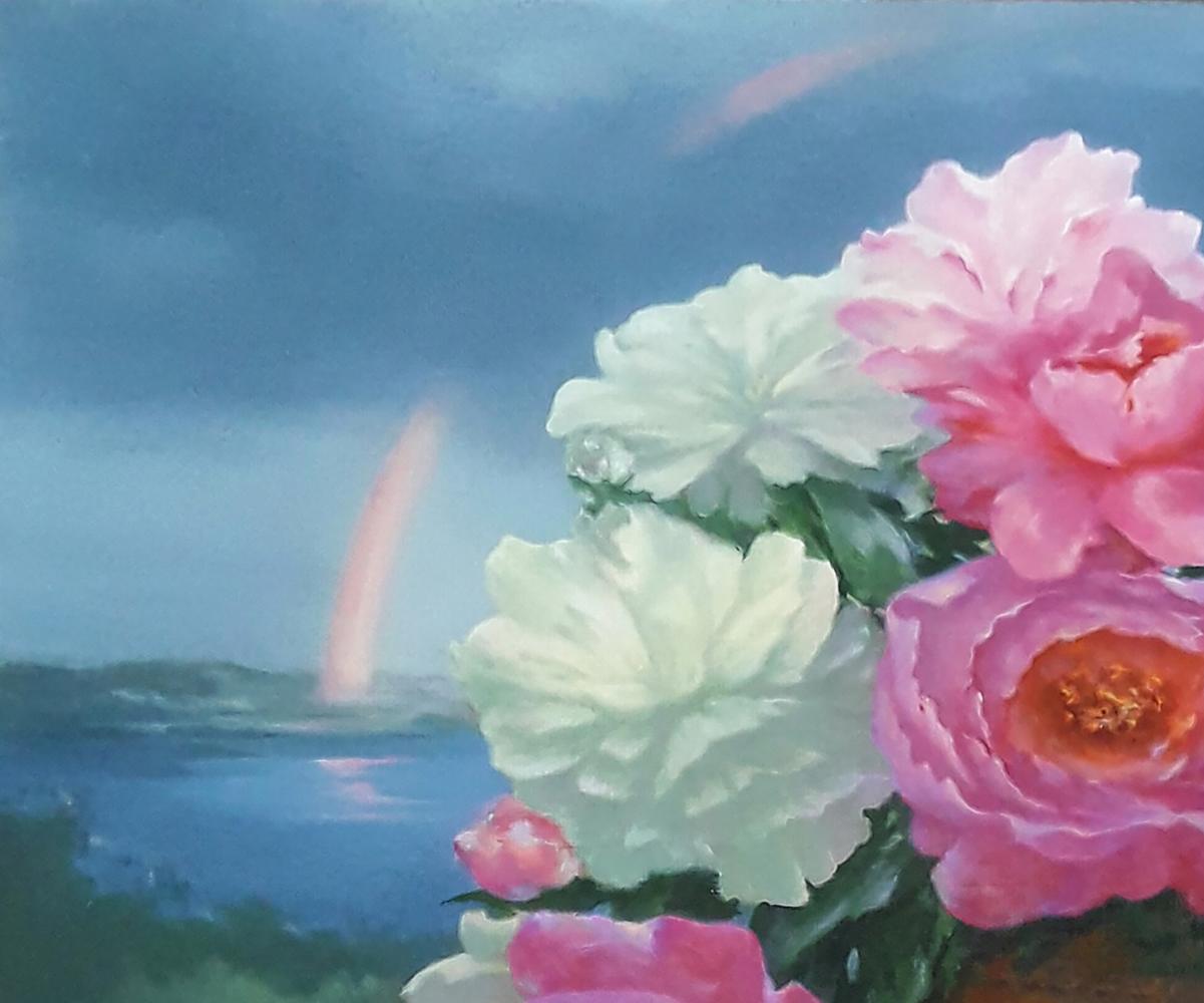 Vibrant pink and white peonies oil painting by Vasily Korkishko