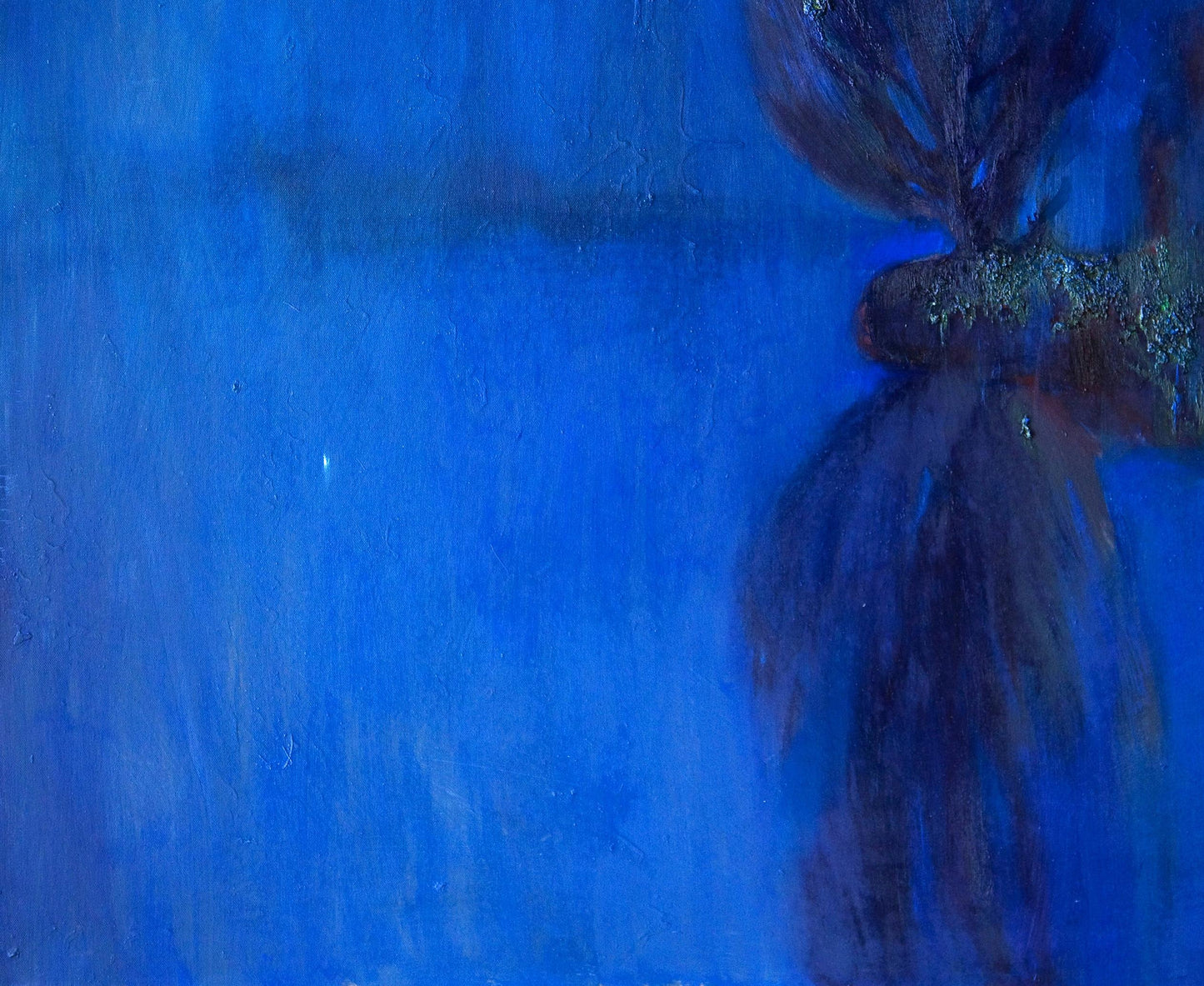 Oil painting Fog on the Lake by Natalia Korf-Ivaniuk, textured dark silhouette on vibrant blue