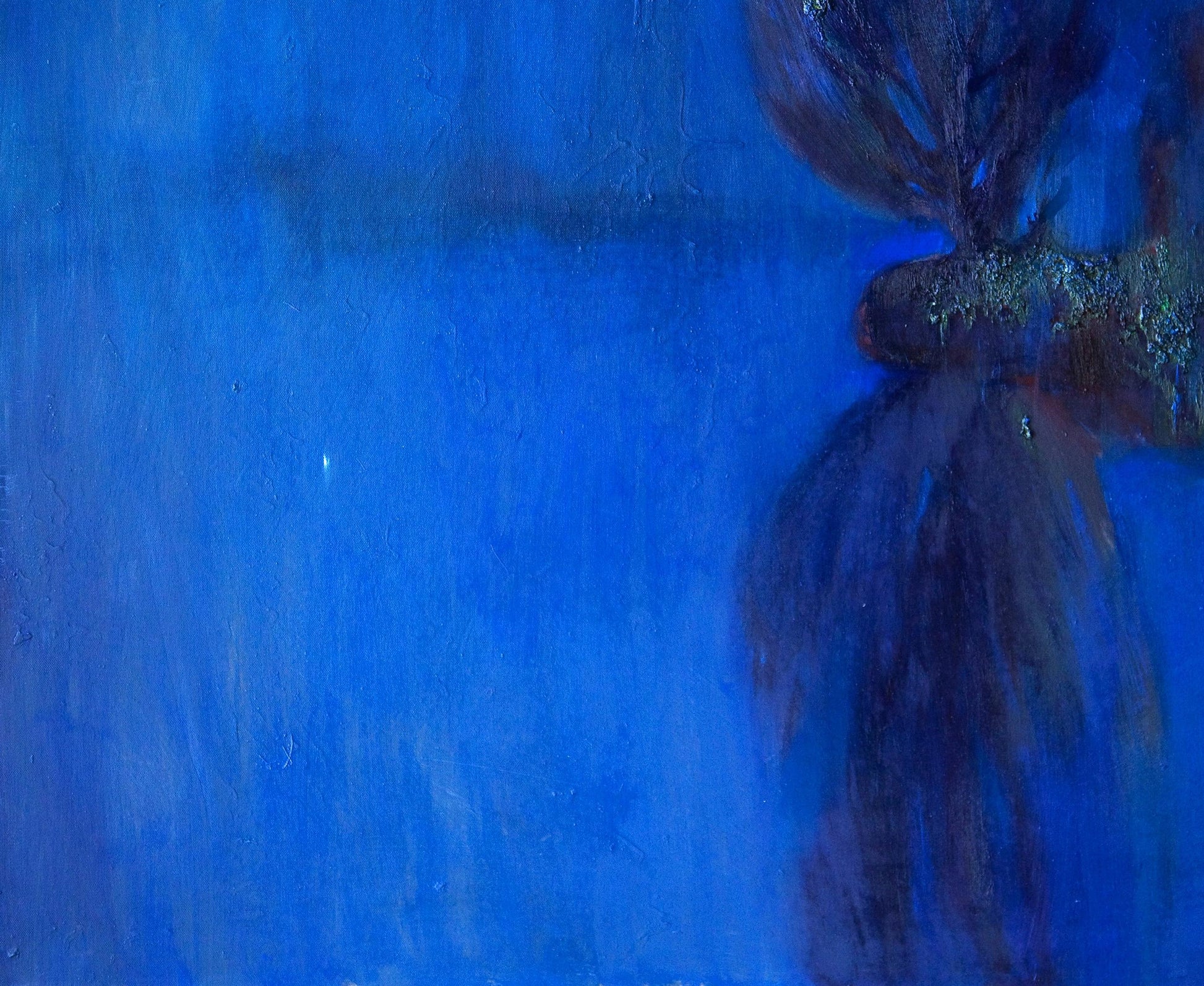 Oil painting Fog on the Lake by Natalia Korf-Ivaniuk, textured dark silhouette on vibrant blue