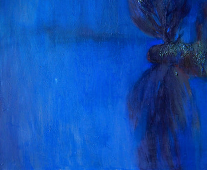 Oil painting Fog on the Lake by Natalia Korf-Ivaniuk, textured dark silhouette on vibrant blue
