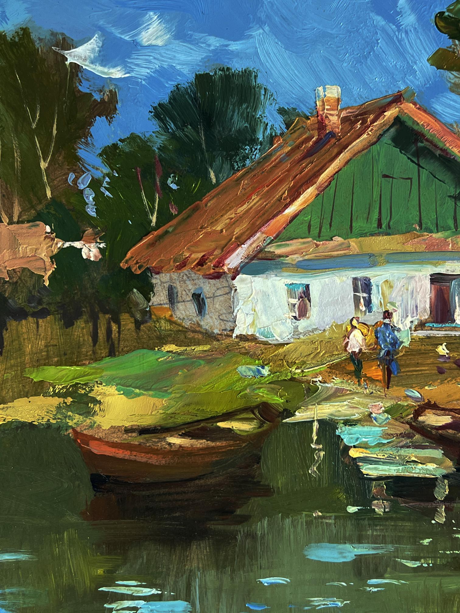 Oil painting of boats near rustic green house by Yuriy Suprunchuk