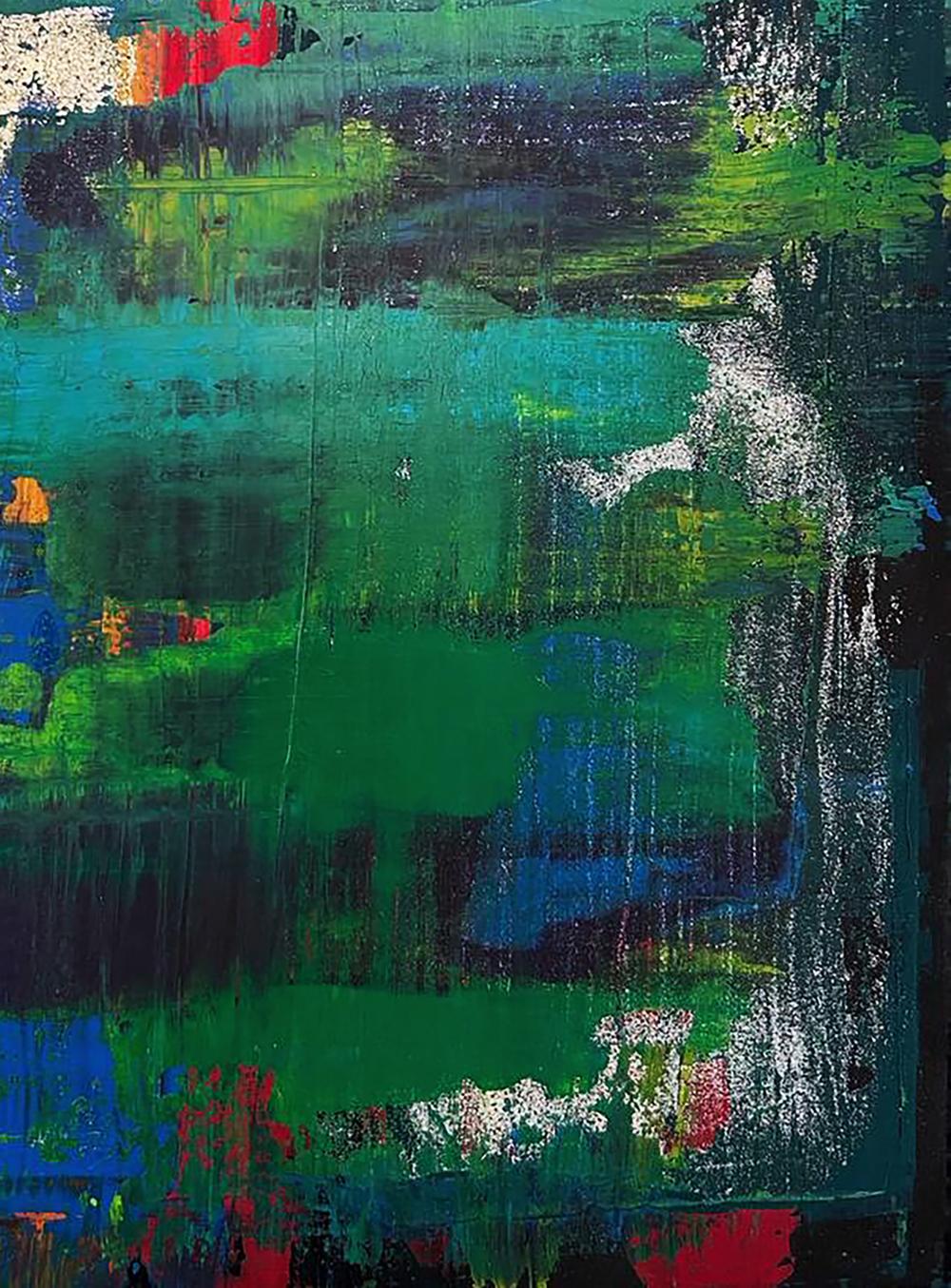 Acrylic painting Walk in the forest by Olga Melezhik, abstract green blue strokes