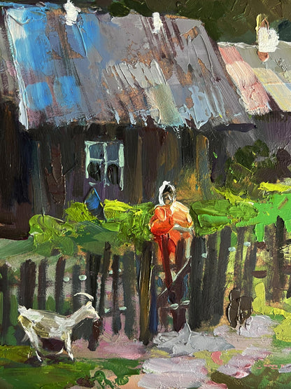 Oil painting of rustic wooden country courtyard house by Yuriy Suprunchuk