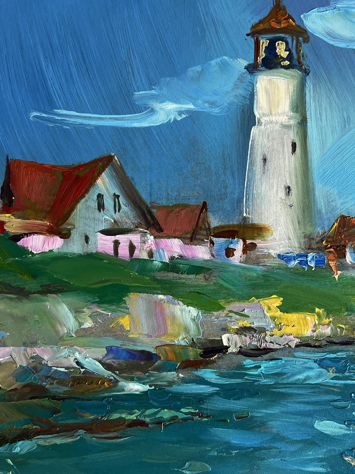 Oil painting of tall white Sea lighthouse by Yuriy Suprunchuk