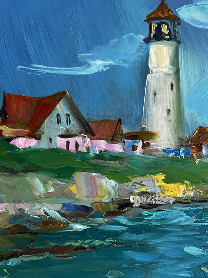 Oil painting of tall white Sea lighthouse by Yuriy Suprunchuk