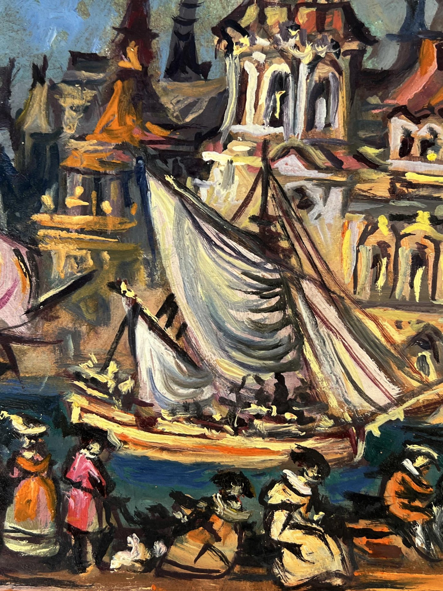 Vibrant impressionistic oil painting of sailboat in harbor by Litvinov