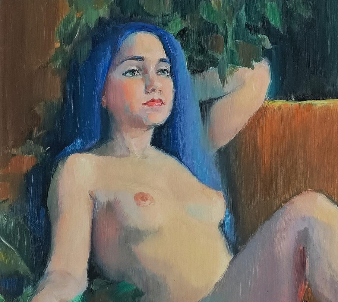 Oil painting portrait of girl with blue hair by Oksana Osnach
