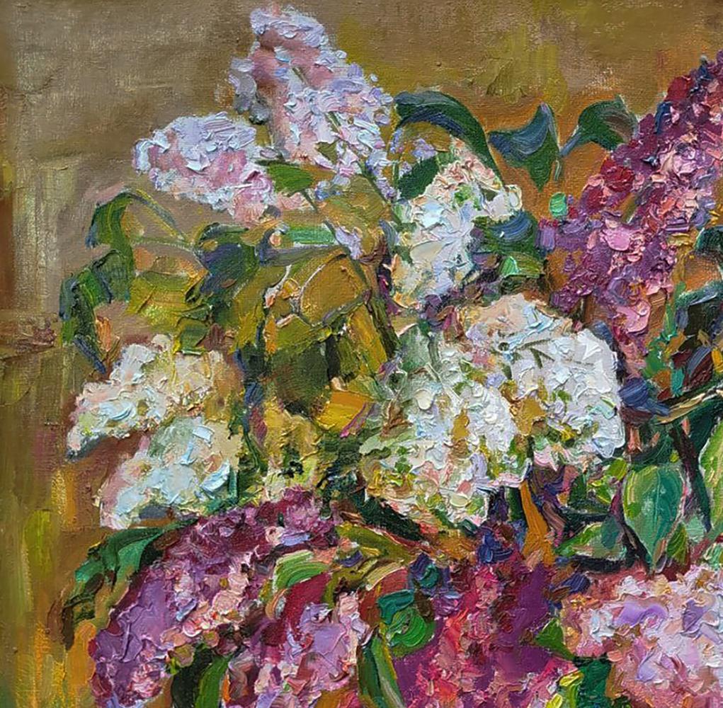 Vibrant oil painting of lilac bouquet on warm background by Leonid Pavlenko