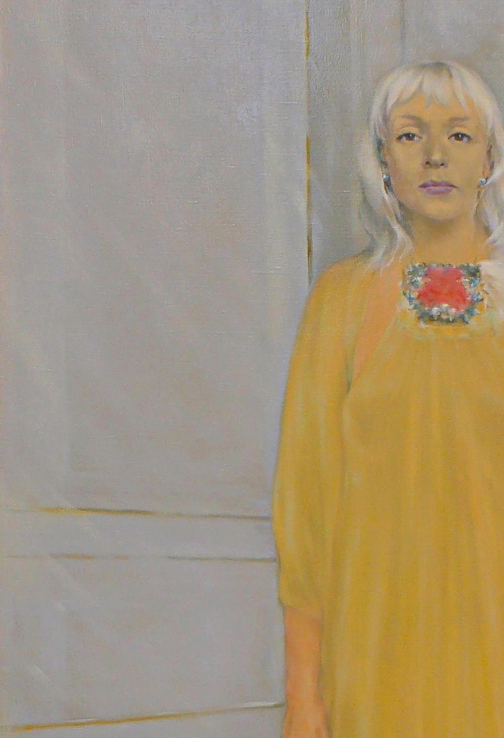 Oil painting portrait of woman in mustard-yellow dress with red silver neckline by Vasily Korkishko