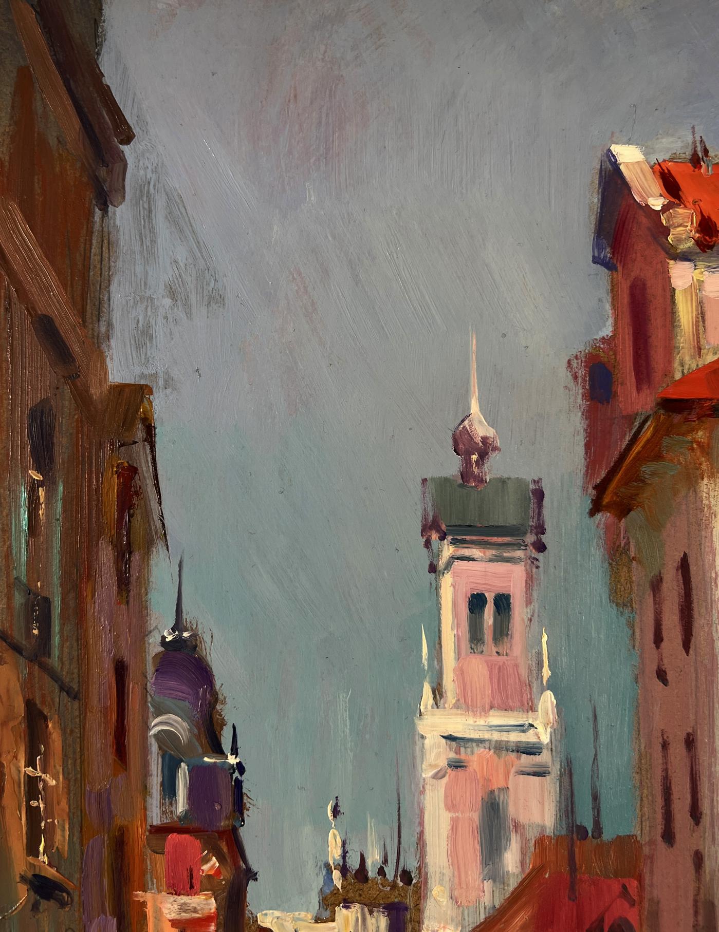 Oil painting of pink clock tower reflected in water by Yuriy Suprunchuk