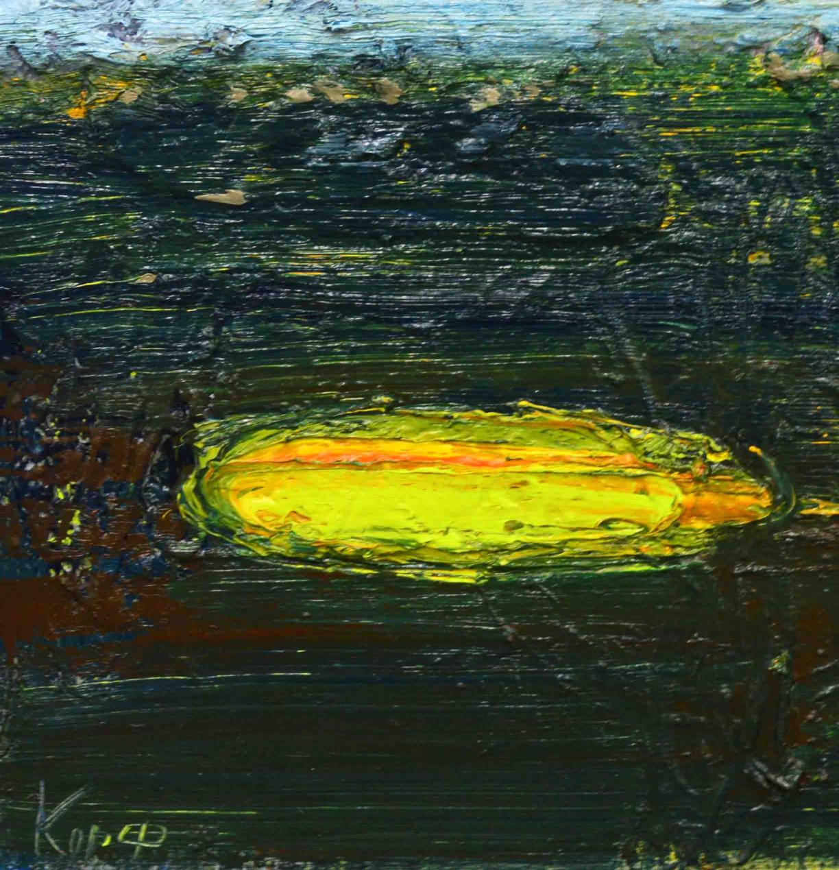 Vibrant yellow-green abstract oval oil painting Yellow Lake by Natalia Korf-Ivaniuk