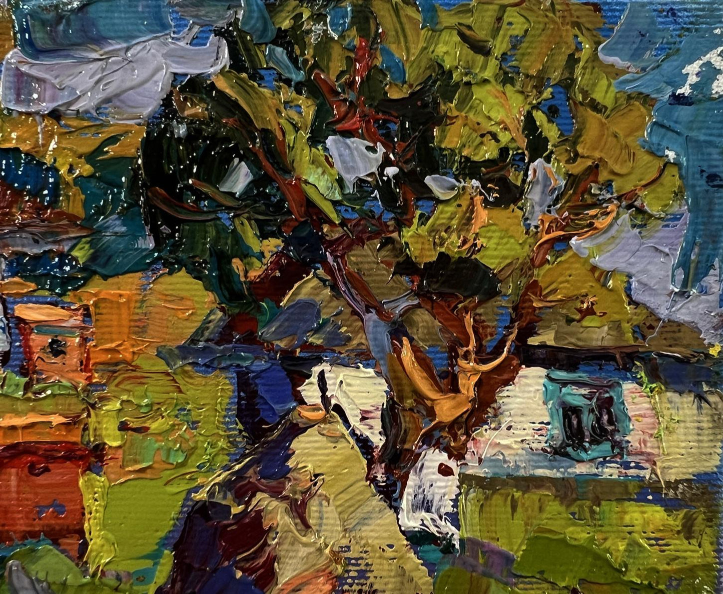 Vibrant oil painting Summer day in the village by Oksana Ivanyuk, textured tree