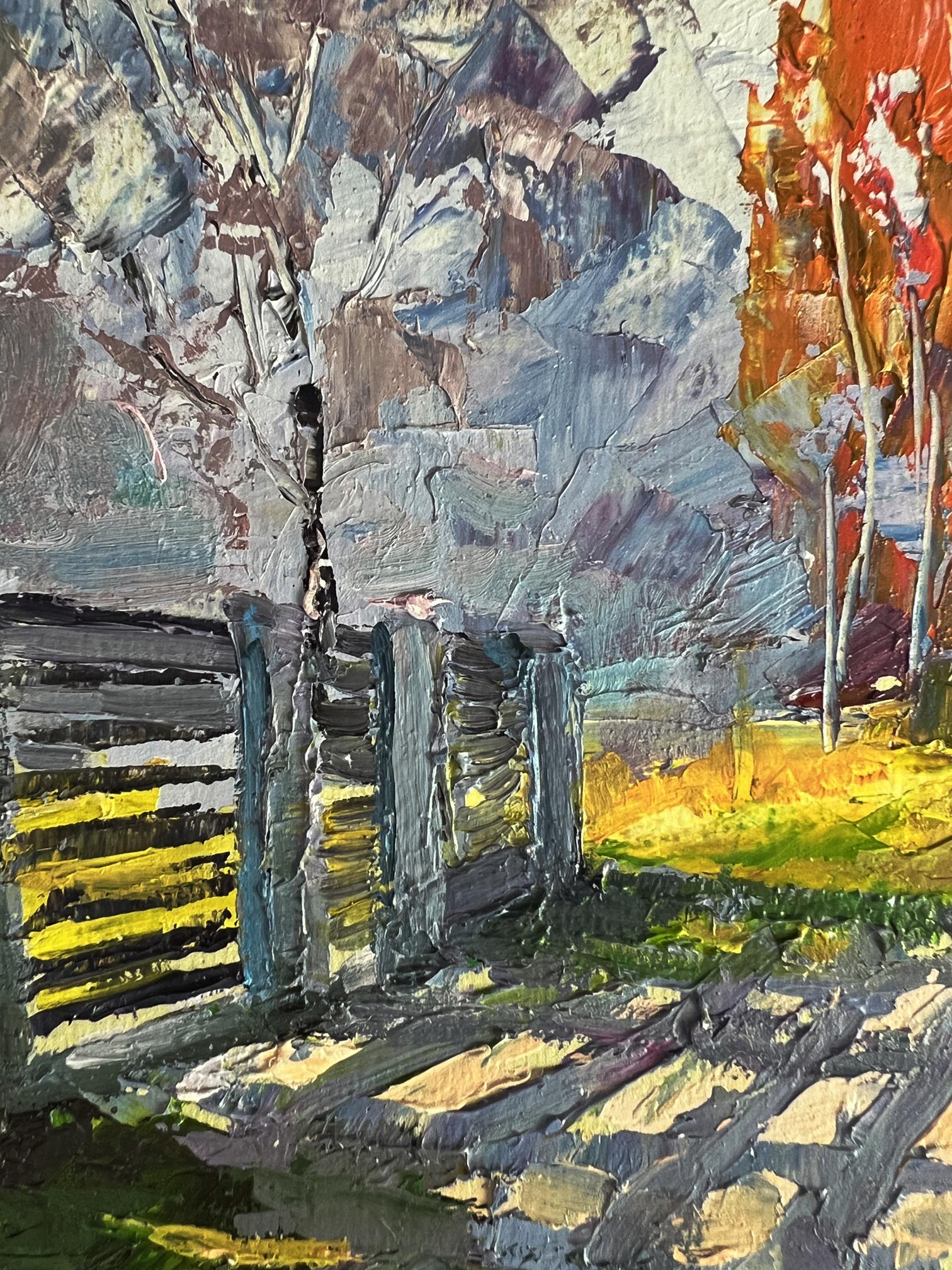 Oil painting Cold autumn wind by Boris Serdyuk rustic fence in impasto