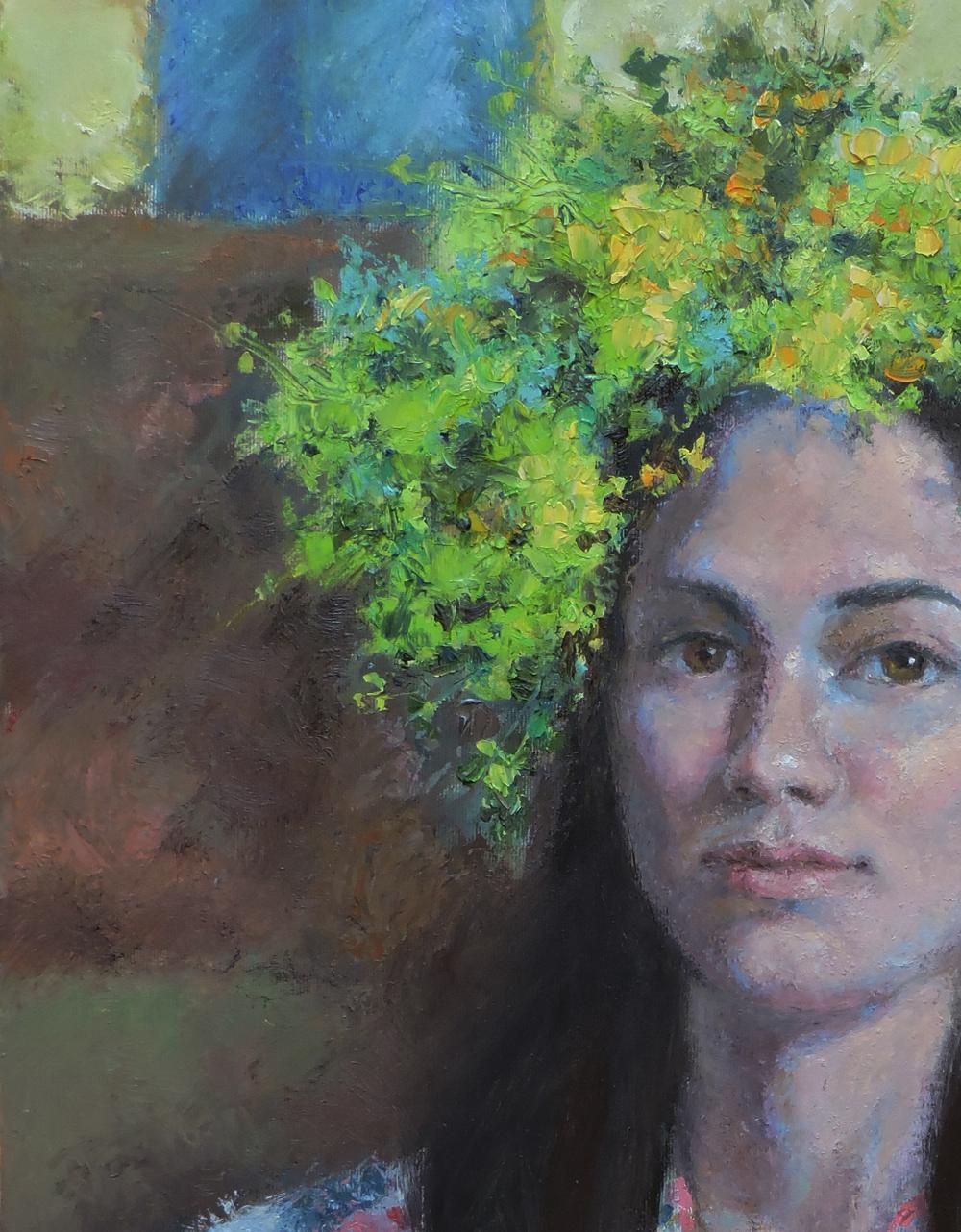 Oil painting portrait of girl with vibrant green yellow floral crown by Oksana Osnach