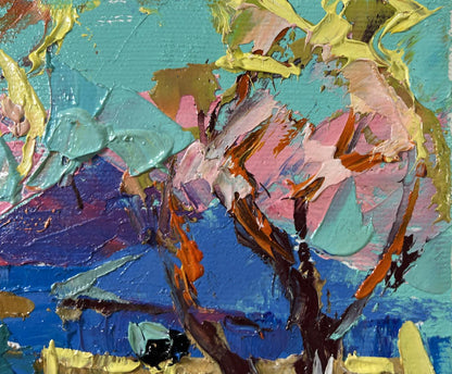 Vibrant Spring Awakening oil painting by Oleksiy Ivanyuk in teal, pink, gold, blue