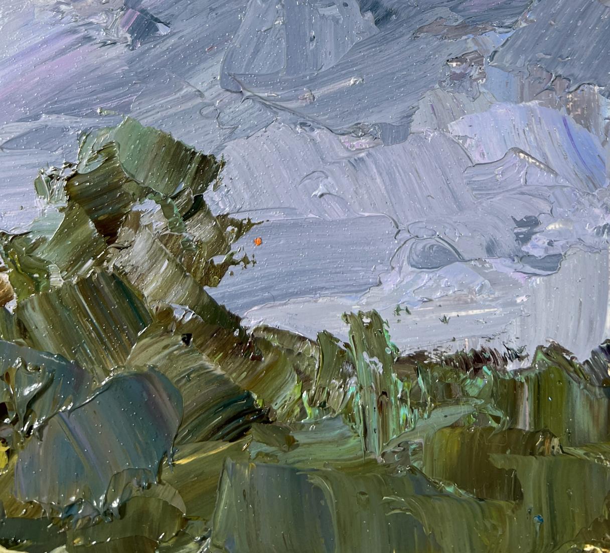 Impasto textured oil painting of Boris Serdyuk bridge over water in muted greens grays