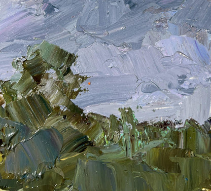 Impasto textured oil painting of Boris Serdyuk bridge over water in muted greens grays