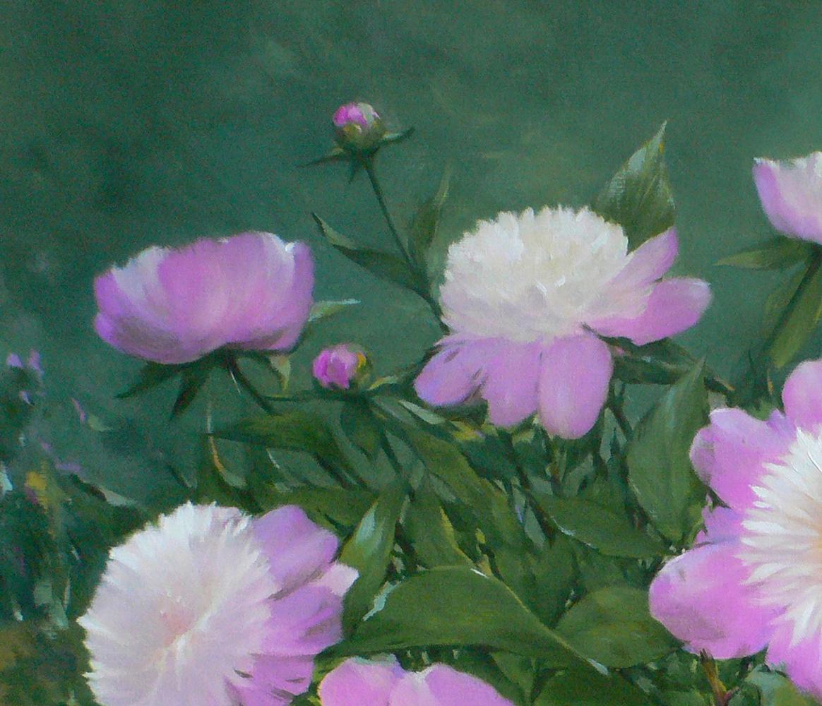 Oil painting of bright pink and white peonies by Vasily Korkishko