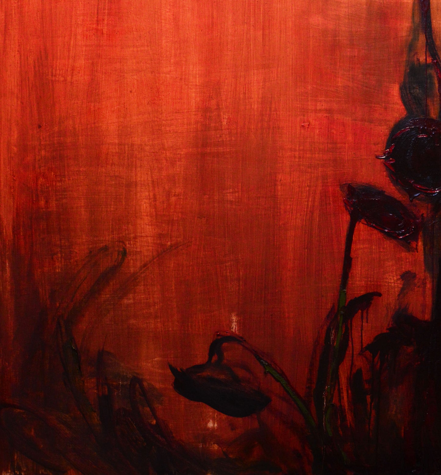 Oil painting Sunflowers in the night by Natalia Korf-Ivaniuk with bold red brushstrokes