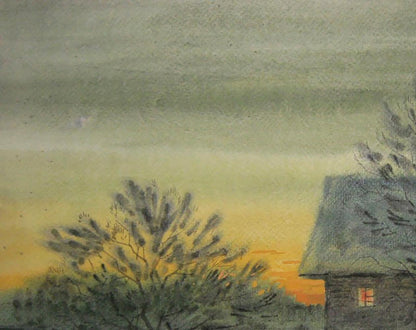 Watercolor painting of winter evening village by Valery Savenets, rustic house glowing