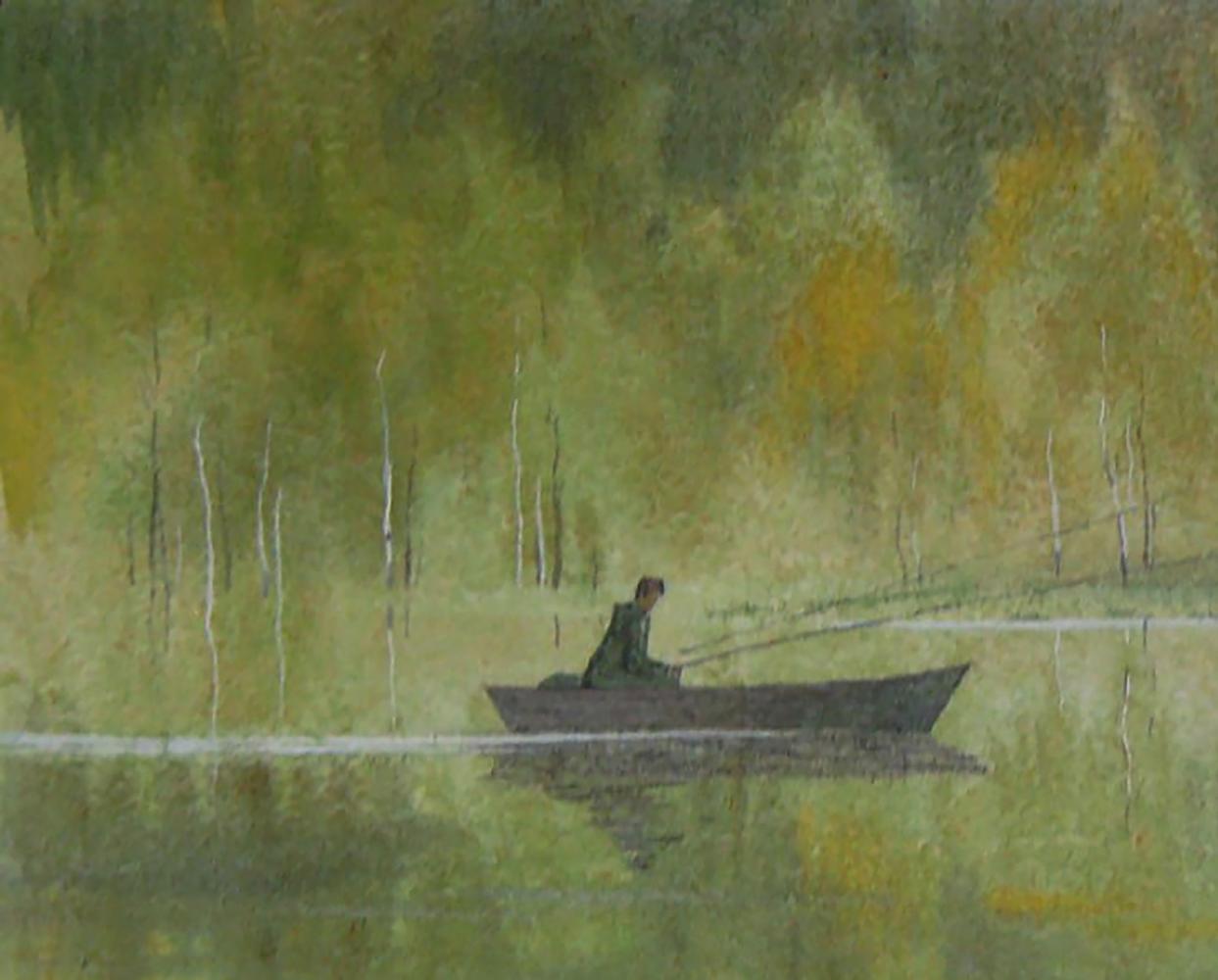 Watercolor painting of man fishing from slender rowboat on calm water by Valery Savenets