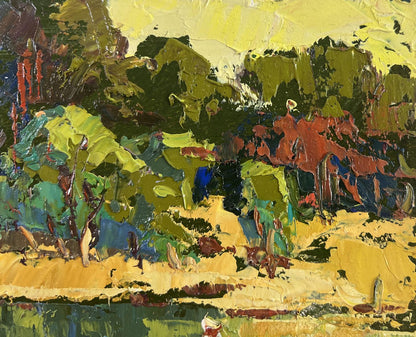 Vibrant impressionist oil painting Dawn over a quiet river by Oksana Ivanyuk