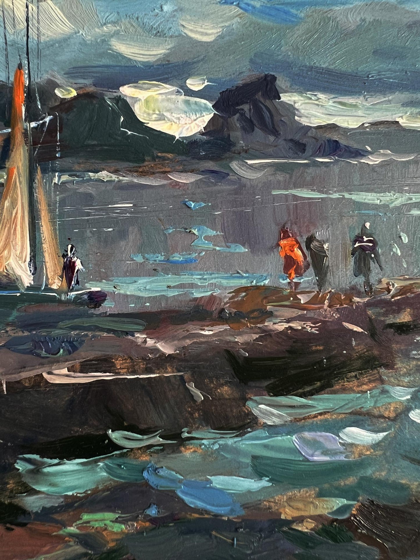 Oil painting of sailboat near seashore with rocks and waves by Yuriy Suprunchuk