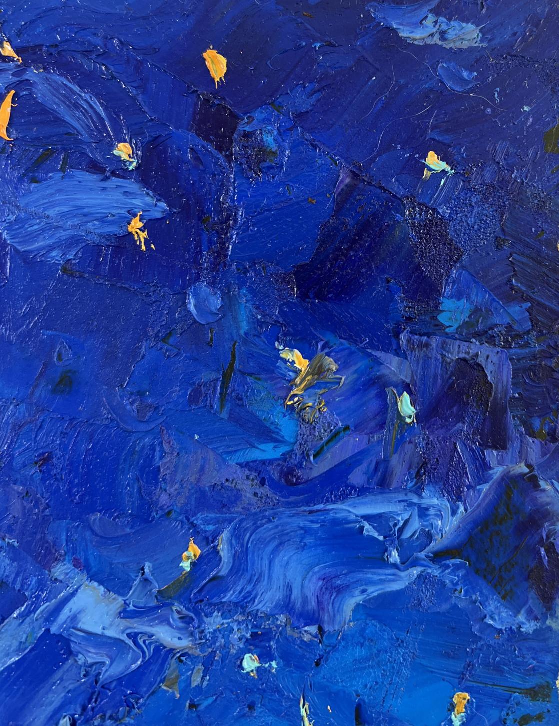 Moonlit night over city oil painting by Oksana Ivanyuk, blue hues and gold accents