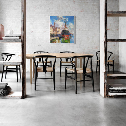 Black and light wood wishbone chairs with woven seats in Oil painting Between two banks Volodymyr Gluhomanyuk