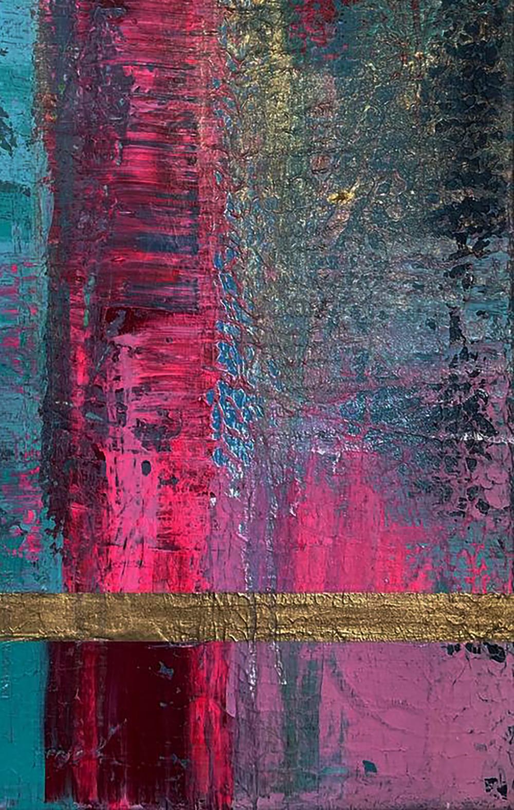 Acrylic painting Intersection of destinies by Olga Melezhik: pink teal stripes gold leaf