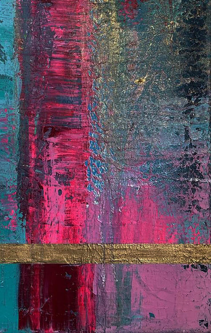 Acrylic painting Intersection of destinies by Olga Melezhik: pink teal stripes gold leaf