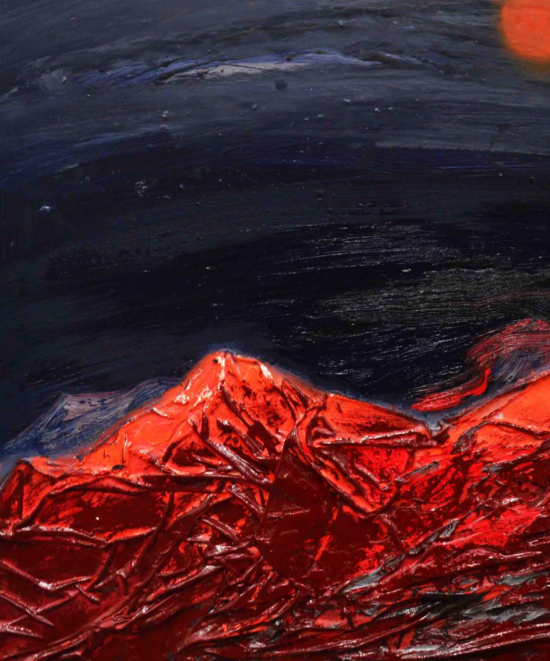 Vibrant red impasto mountains by Natalia Korf-Ivaniuk, Oil painting Red Night Mountains