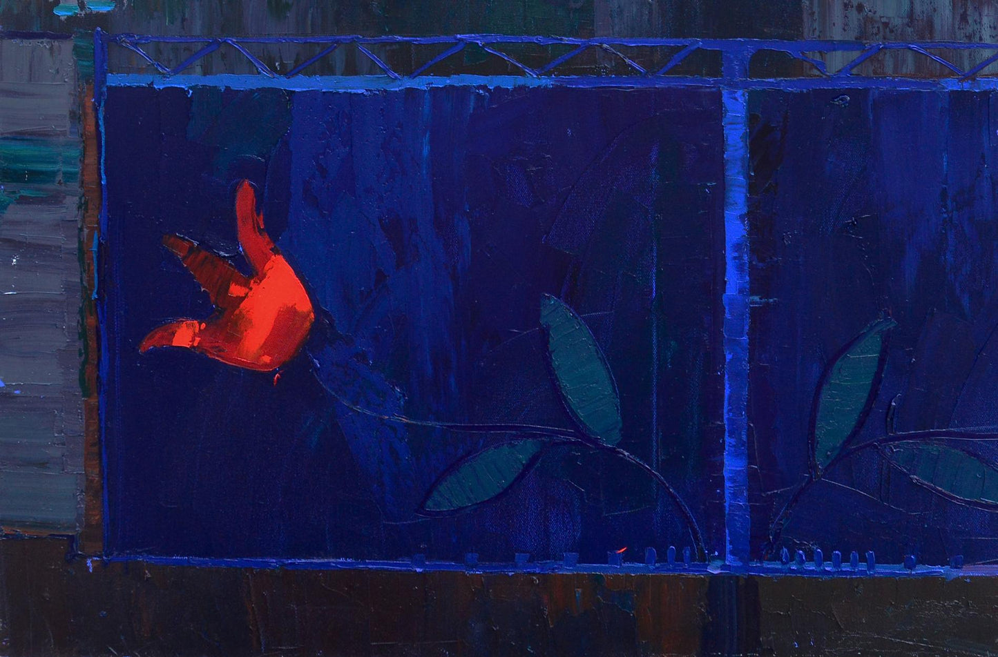 Vibrant orange bird oil painting by Natalia Korf-Ivaniuk on blue background