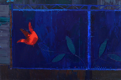 Vibrant orange bird oil painting by Natalia Korf-Ivaniuk on blue background