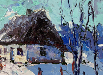 Oil painting The house sleeps in the snow by Oksana Ivanyuk