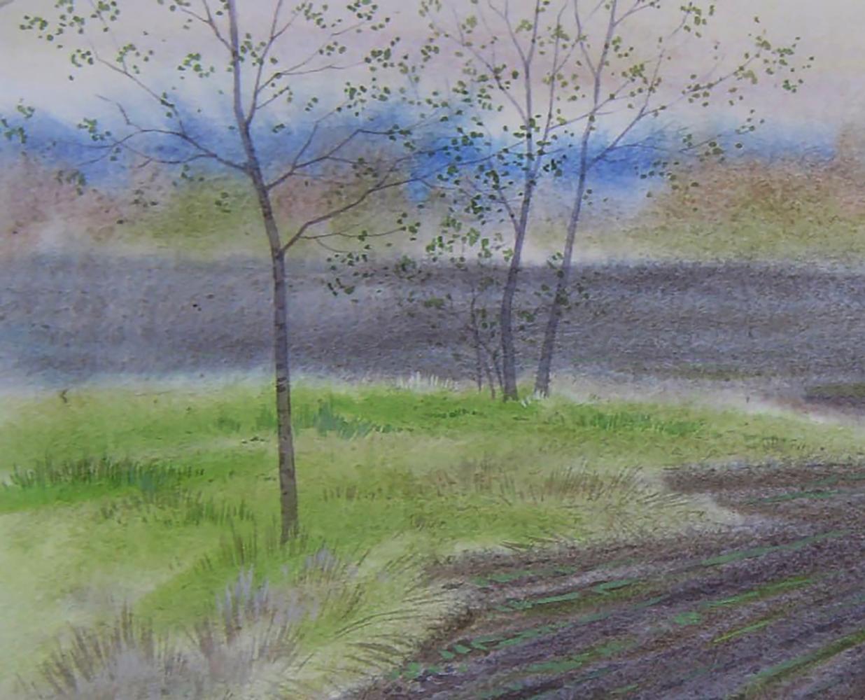 Watercolor painting of misty spring field by Valery Savenets