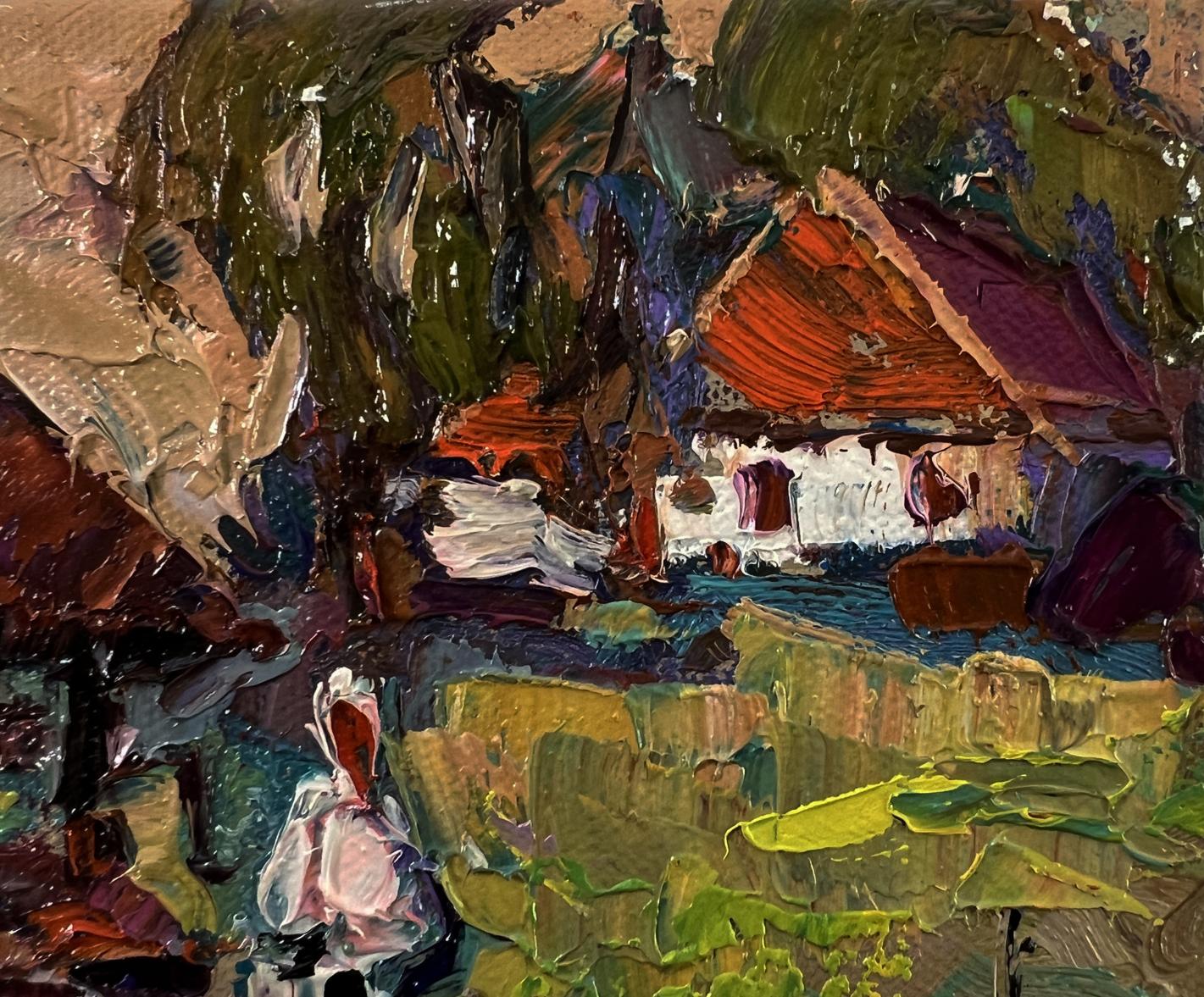 Textured oil painting of rustic village life by Oksana Ivanyuk