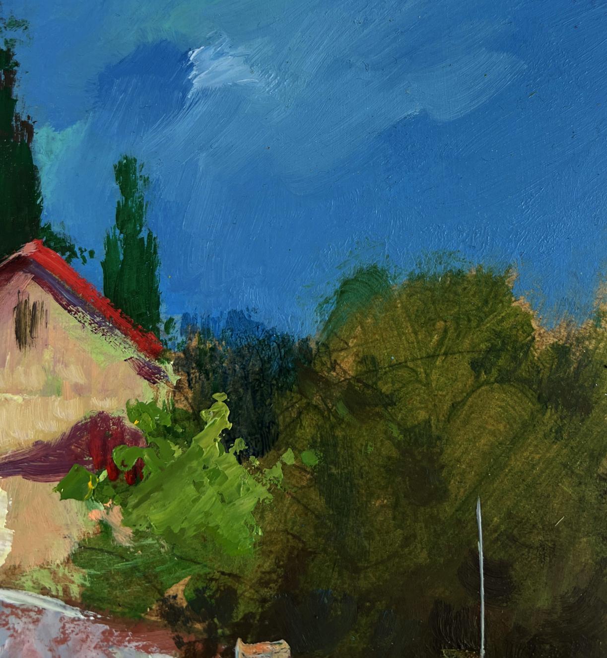 Oil painting of rustic house by river in lush trees, Yuriy Suprunchuk