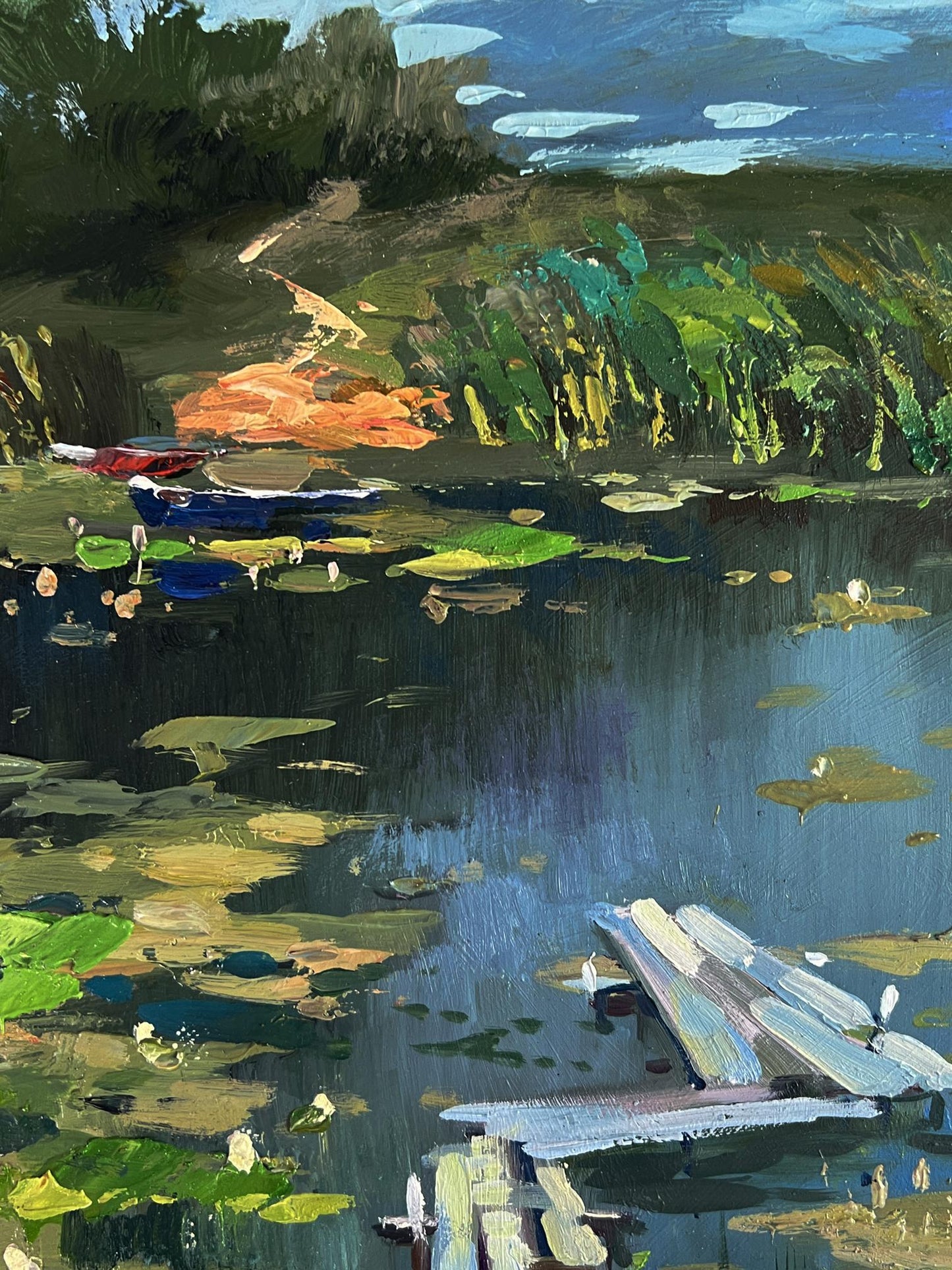 Oil painting of rustic dock in tranquil pond by Yuriy Suprunchuk