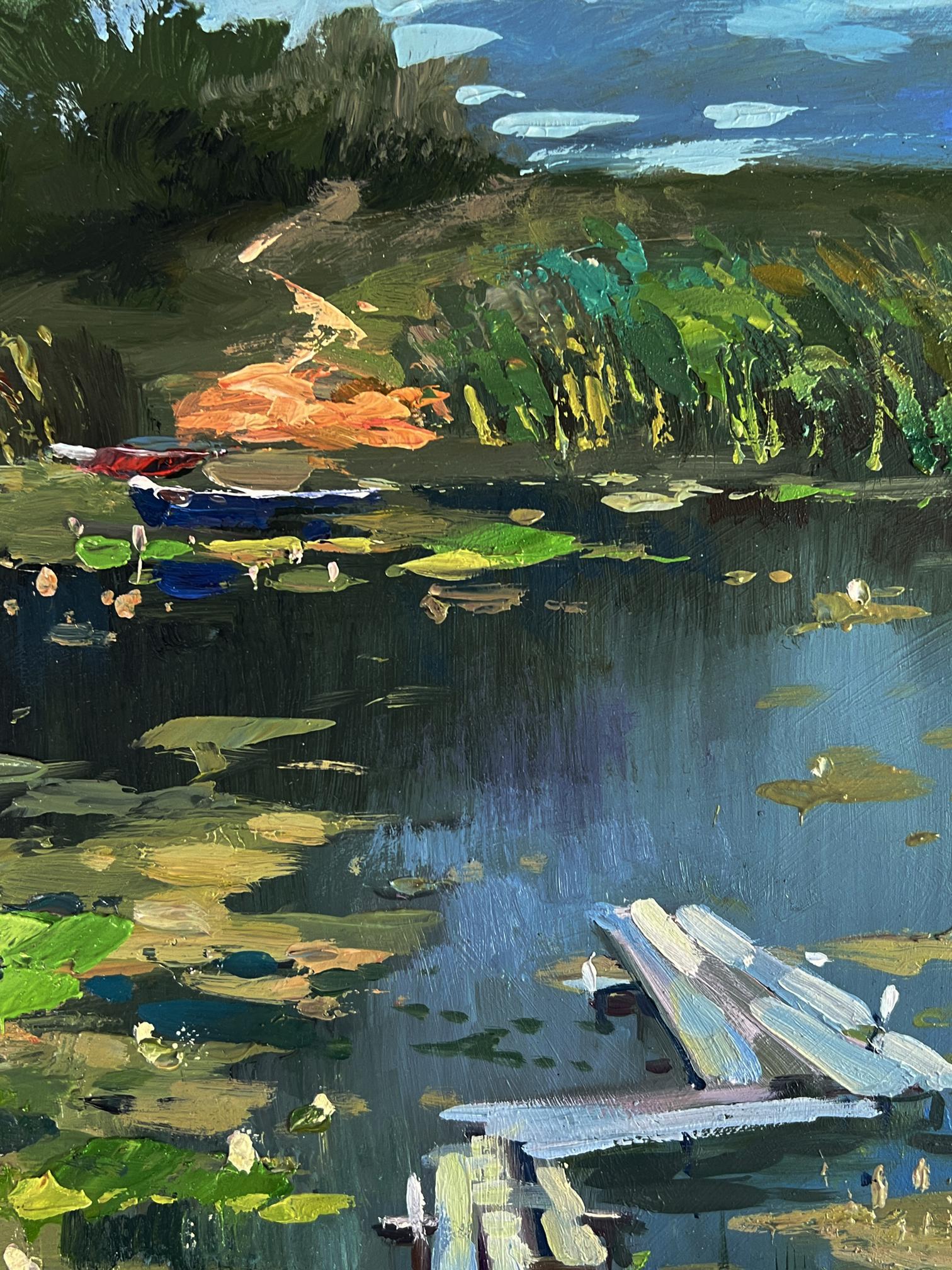 Oil painting of rustic dock in tranquil pond by Yuriy Suprunchuk