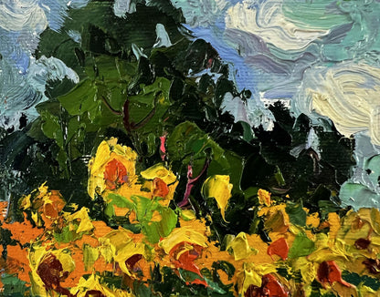 Oil painting of vibrant yellow orange sunflowers field by Oksana Ivanyuk