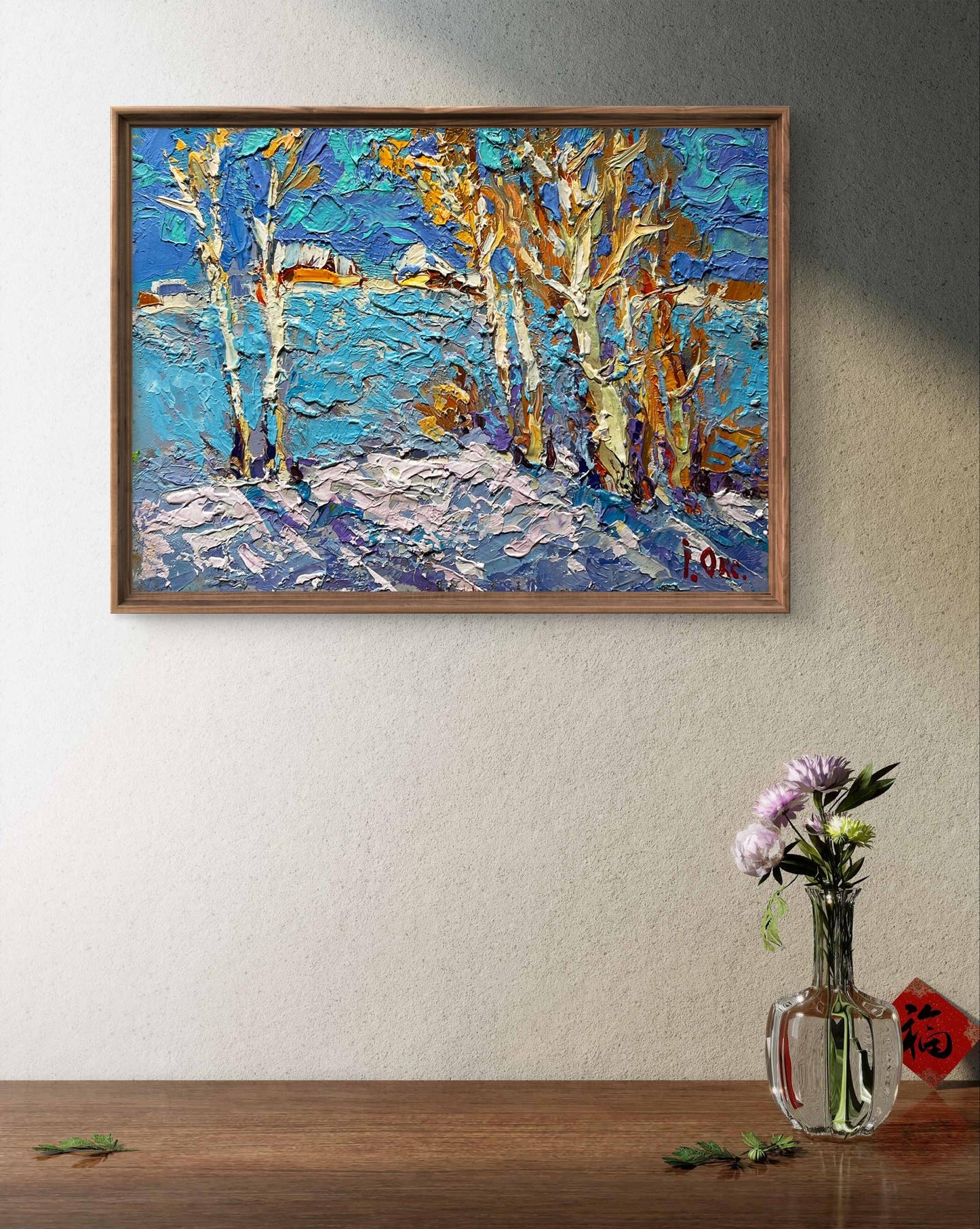 Oil painting Winter day Oksana Ivanyuk: impressionist birch trees in snow