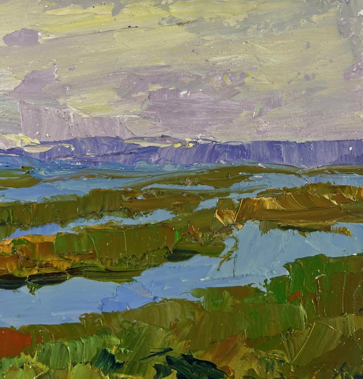Impasto oil painting Fishing on the lakes by Boris Serdyuk, green blue purple strokes