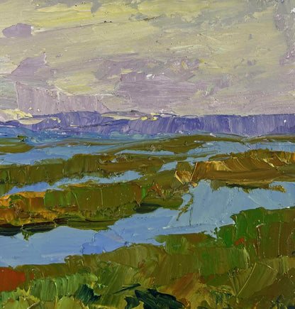 Impasto oil painting Fishing on the lakes by Boris Serdyuk, green blue purple strokes