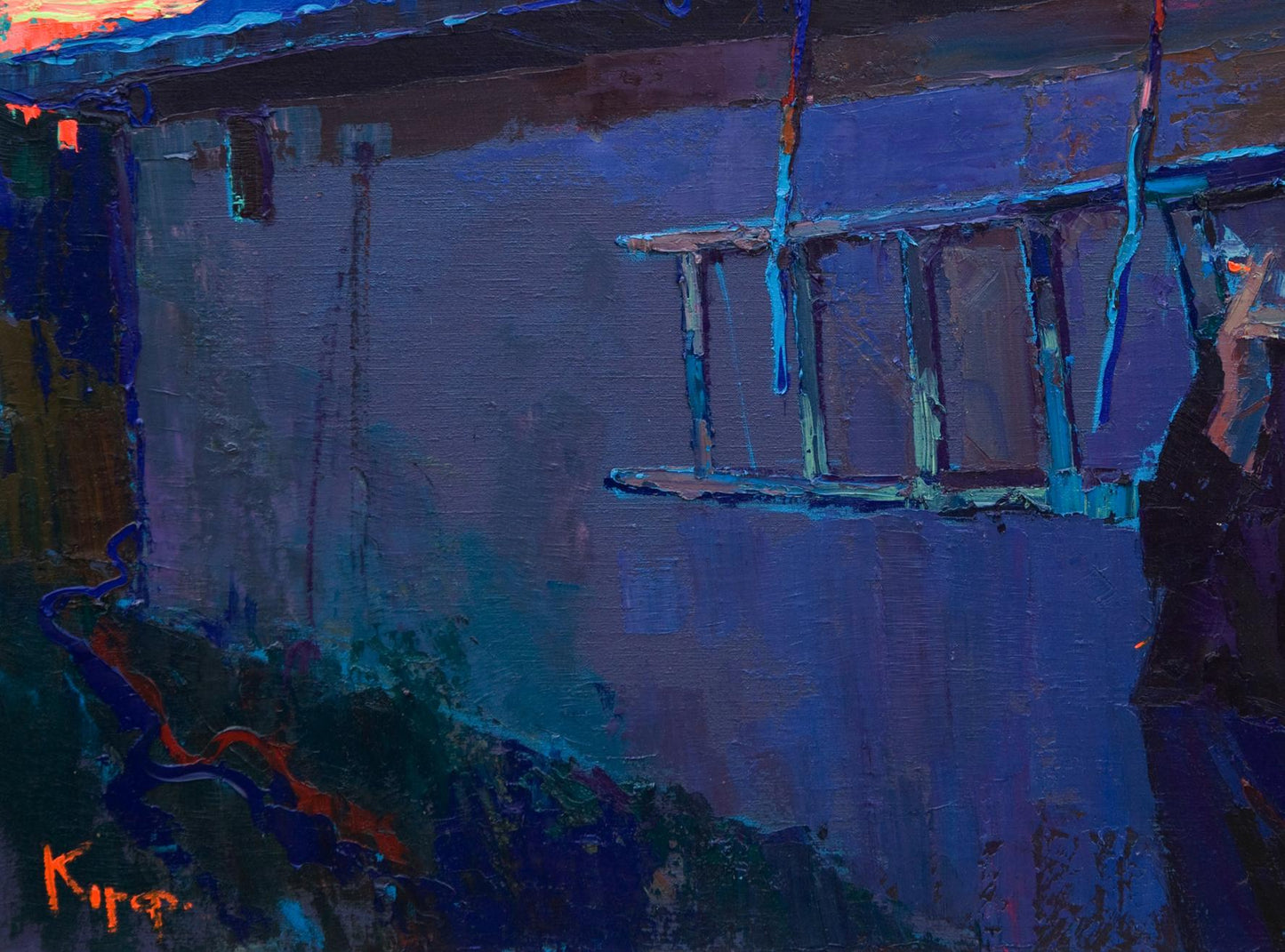Oil painting Evening at home by Natalia Korf-Ivaniuk: blue ladder on textured wall