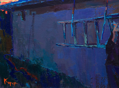 Oil painting Evening at home by Natalia Korf-Ivaniuk: blue ladder on textured wall