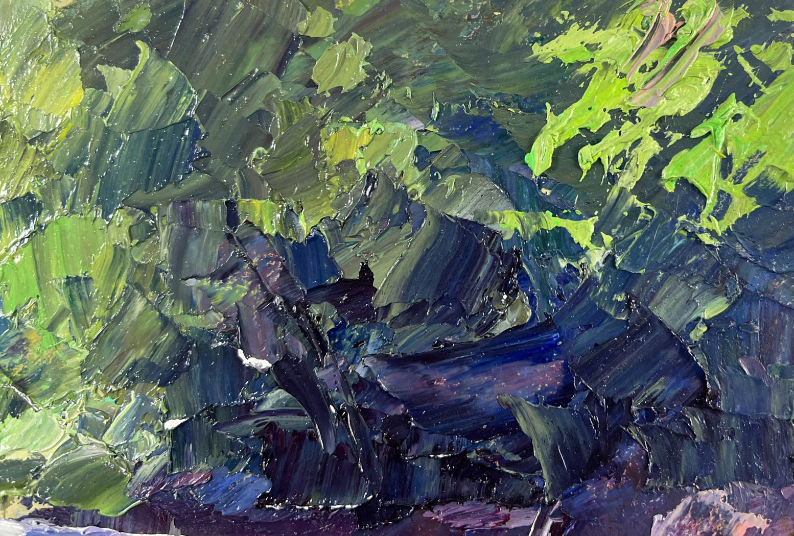 Oil painting The river and the forest by Boris Serdyuk, vibrant green and blue